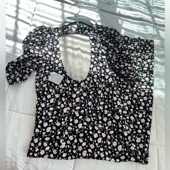 Free People Rosie Midi Dress Black White Floral Puff Sleeve Open Back Small NWT - Picture 10 of 16
